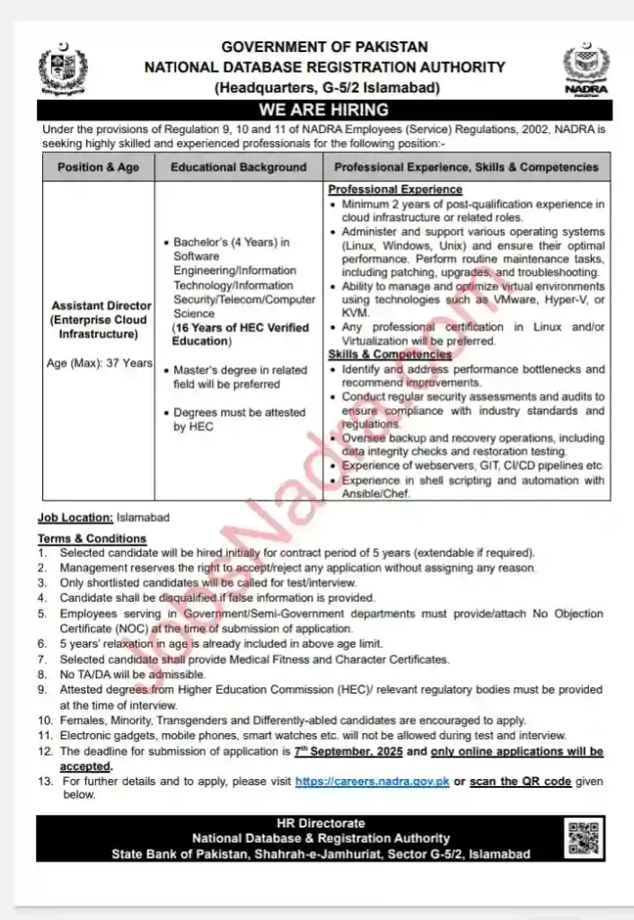 NADRA Assistant Director Enterprise Cloud Infrastructure Positions Islamabad 2025 Online Apply