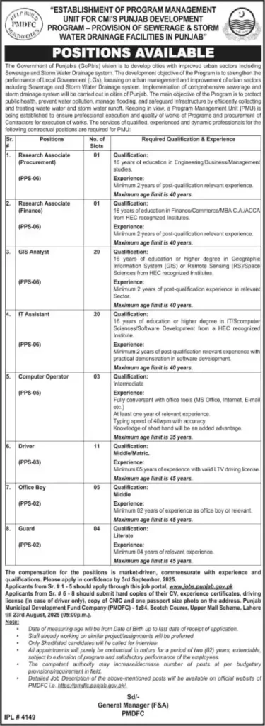 Punjab Municipal Development Fund Company PMDFC Jobs Lahore