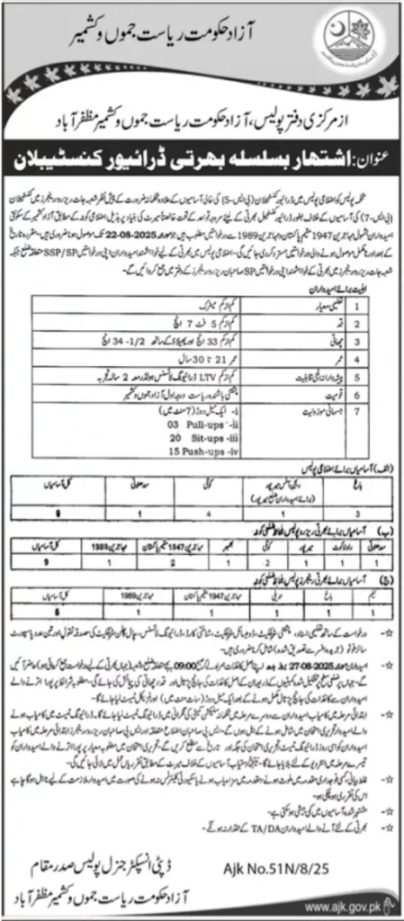 Police Driver Constable Jobs 2025 Pakistan - AJK Police Jobs Police driver constable jobs 2025 Pakistan online apply date AjK Police jobs 2025 official advertisement