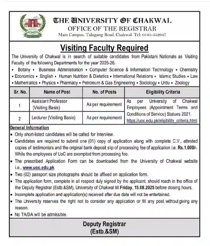 University of Chakwal Jobs 2025 Apply Online for latest Advertisement