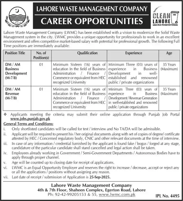 LWMC Lahore Jobs 2025 Apply Online for Lahore Waste Management Company Career Latest LWMC Lahore Jobs 2025 Advertisement Number 1