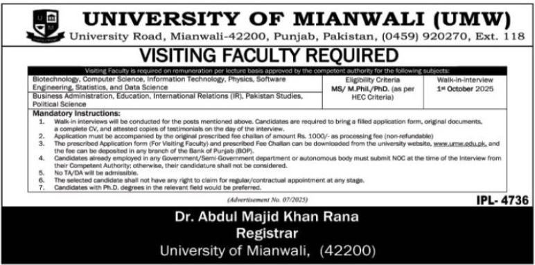 Latest University of Mianwali Jobs 2025 Latest University of Mianwali Jobs 2025