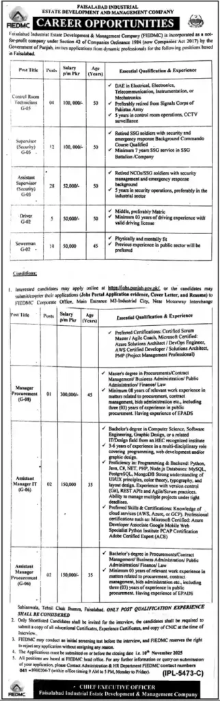 Faisalabad Industrial Estate Development & Management Company (FIEDMC) Jobs 2025 Advertisement Image