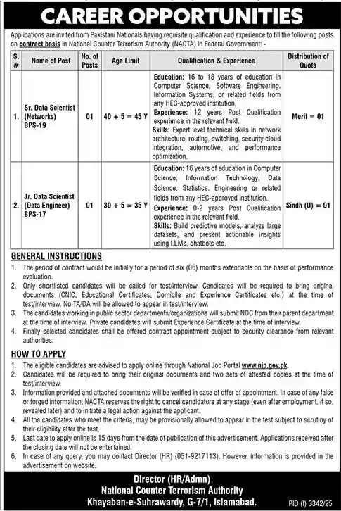 National Counter Terrorism Authority NACTA Islamabad Jobs 2025 Advertisement Image