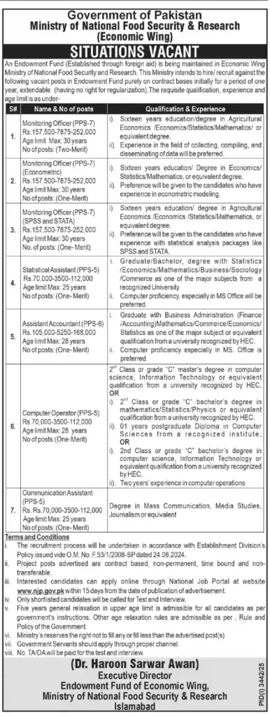 Ministry of National Food Security & Research Jobs 2025 Latest Advertisement Image