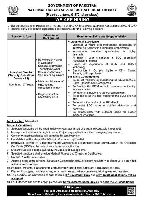 Latest NADRA Jobs Assistant Director (Security Operations Center - L1) Latest Advertisement
