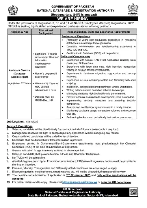 Nadra Latest Database Administrator Jobs 2025 Advertisement 