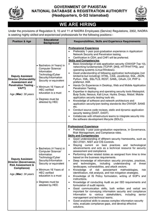 Nadra Deputy Assistant Director Jobs 2025 Latest Advertisement