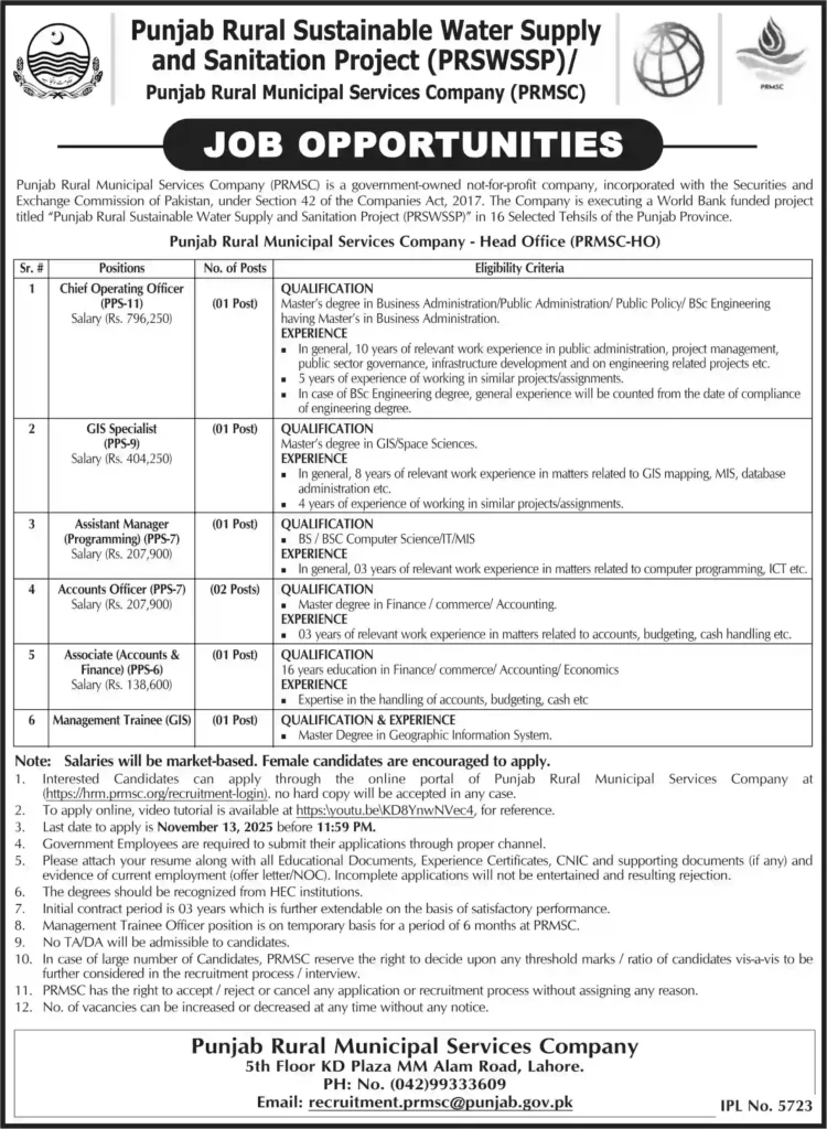 Punjab Rural Municipal Services Company PRMSC Jobs Lahore