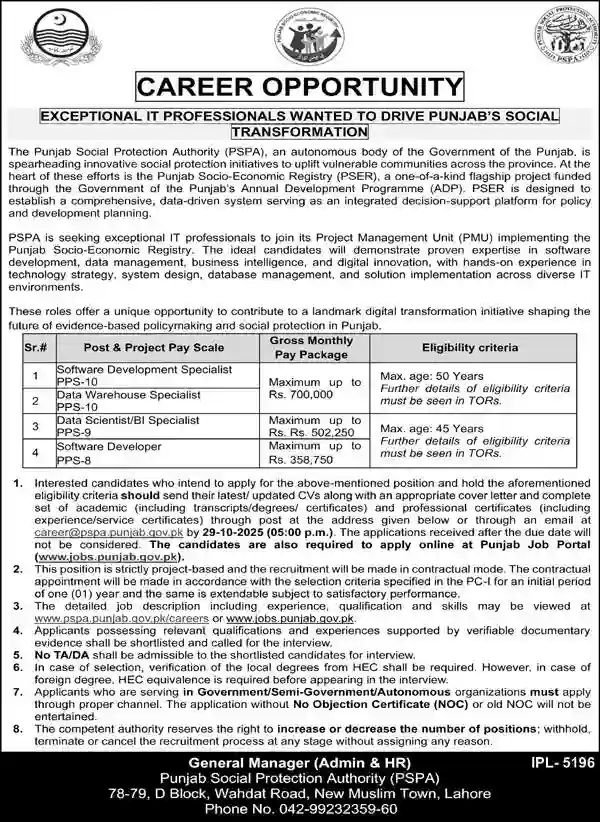 Punjab Social Protection Authority PSPA Jobs October 2025 Online Apply 