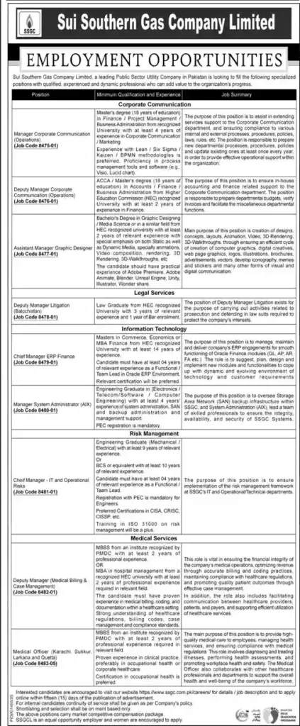 Sui Southern Gas Company SSGC Jobs Karachi 2025 – Apply Online for Latest Vacancies Official Advertisement Image