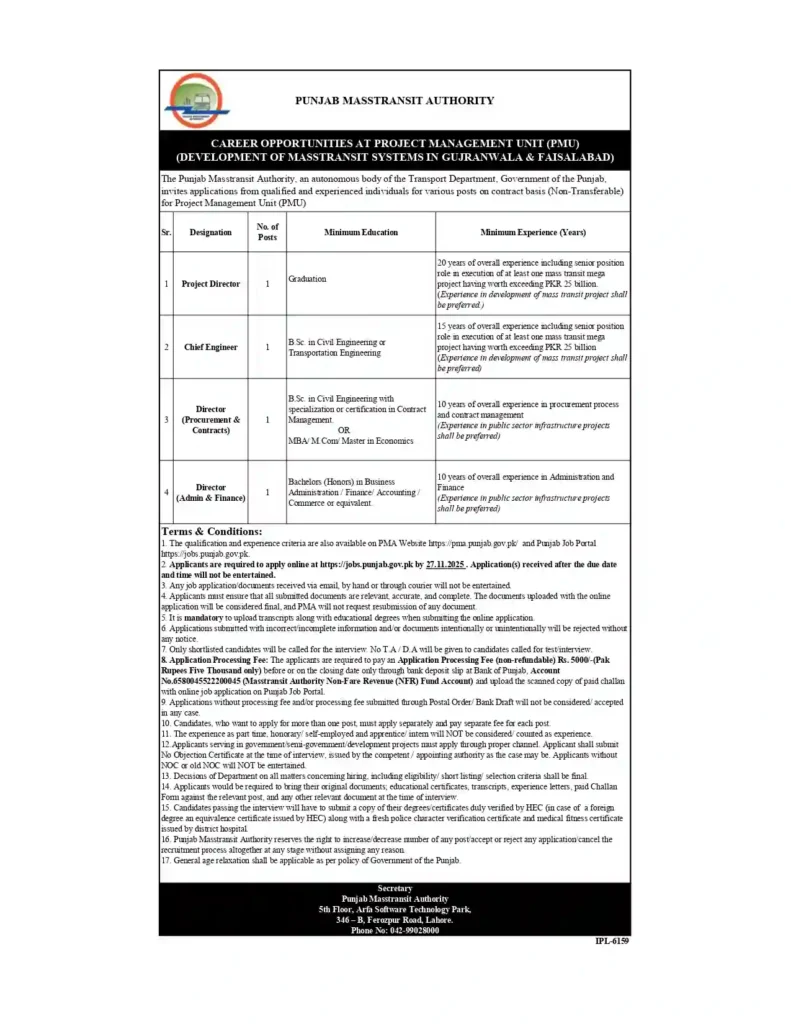 Punjab Mass Transit Authority Jobs 2025 Latest Vacancies Online Apply