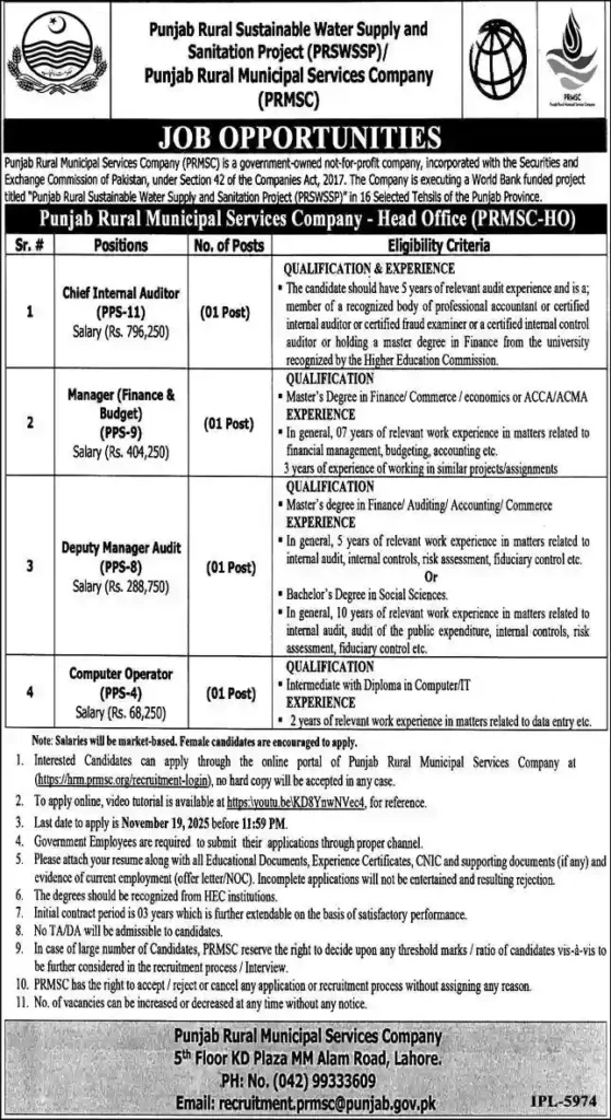 Punjab Rural Sustainable Water Supply PRSWSSP Jobs 2025 Latest Advertisement