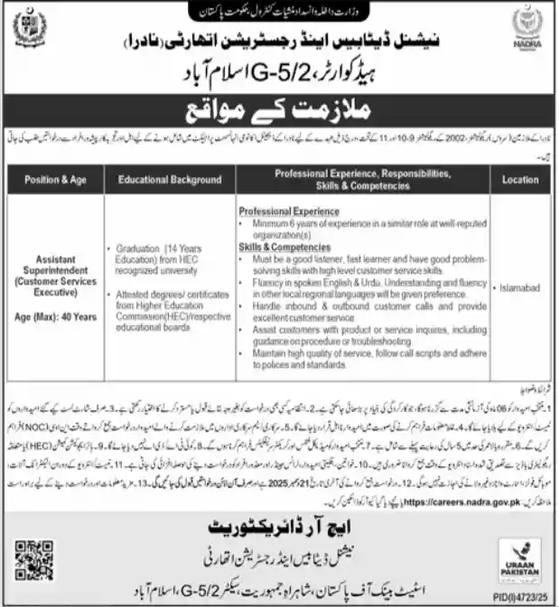 Latest NADRA Assistant Superintendent Jobs in Islamabad 2026
