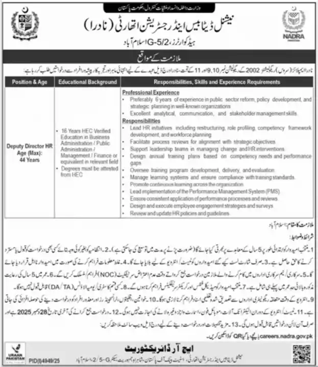 latest NADRA Deputy Director HR Jobs Islamabad 2026