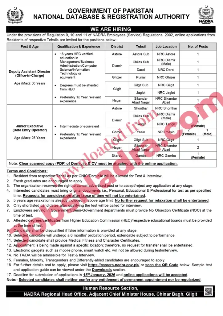 Nadra Gilgit Baltistan Jobs 2026 Advertisement